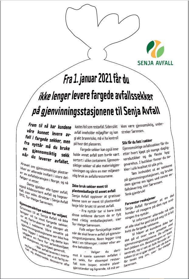 Avisside med tekst På gjennvinningsanleggene til Senja avfall. Ilustrasjon