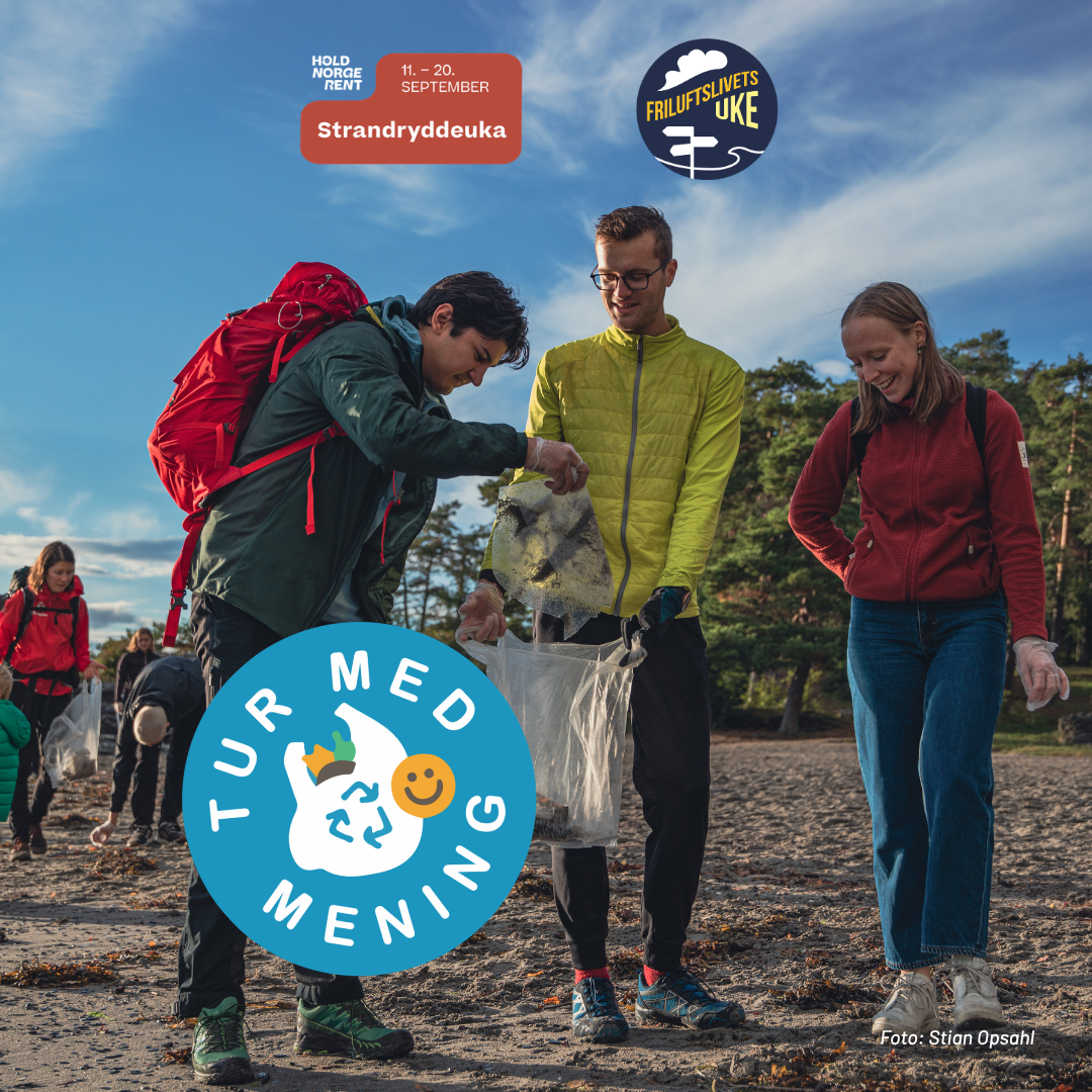 Venner plukker avfall på stranden og logo Ta en tur med mening - Foto